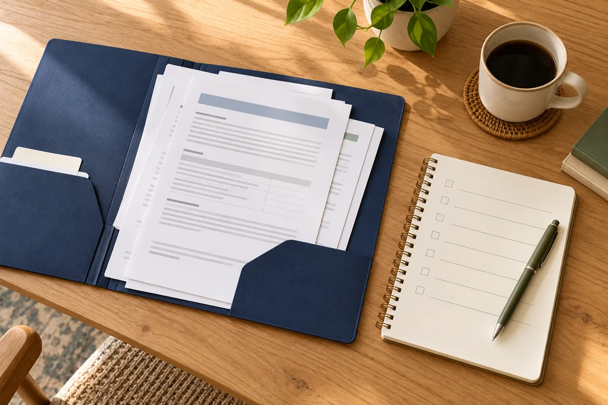 Carpeta con documentos y cuaderno de preguntas organizados sobre una mesa